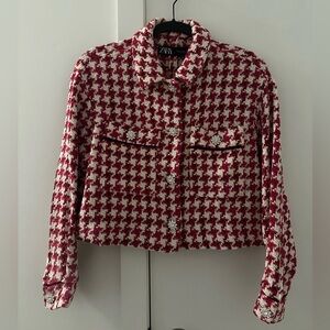 ZARA Pink & White Houndstooth Tweed Jacket